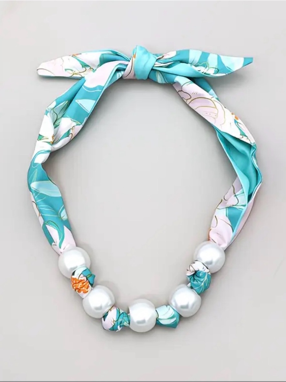Turquoise Floral Scarf Necklace with Large Pearls